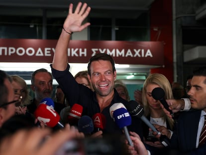 Stefanos Kasselakis, leadership candidate of the Greek left-wing Syriza party, speaks to the media at the party's headquarters in Athens on September 18.