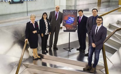 Los promotores del proyecto 'Liceu a la fresca', con el presidente del patronato del Liceu —Salvador Alemany— y el director —Roger Guasch— en el centro, este miércoles en Madrid.