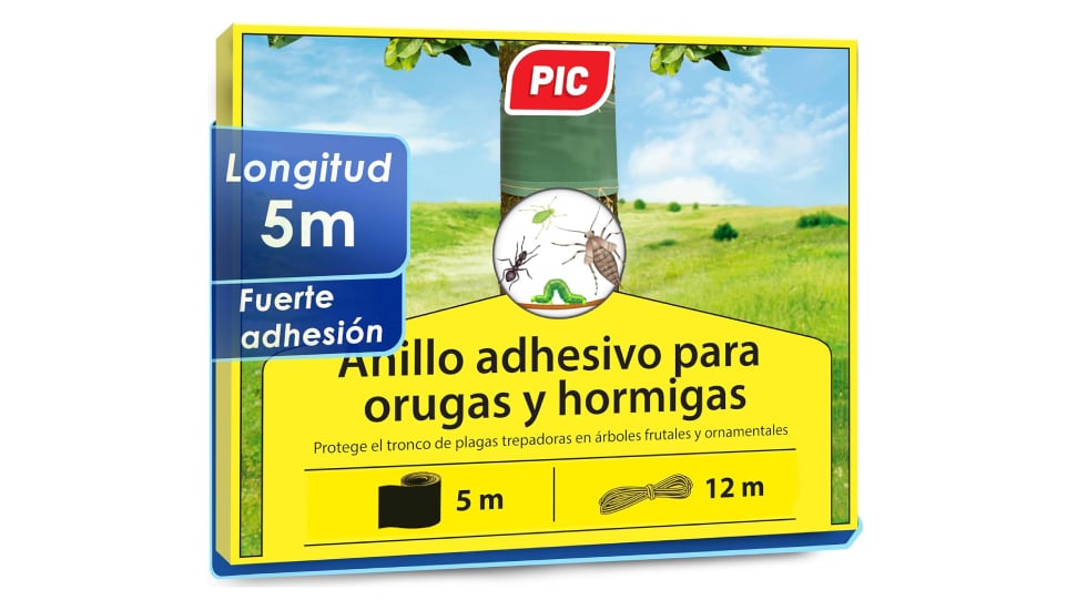 Trampa para orugas en forma de anillo adhesivo.