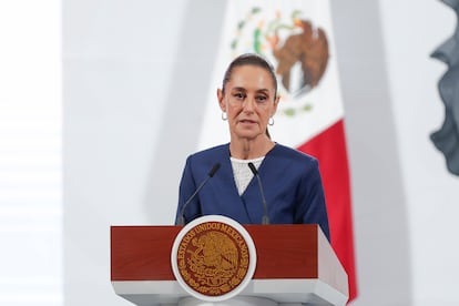 Claudia Sheinbaum en la rueda de prensa matutina en Palacio Nacional en Ciudad de México.

