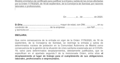 Justificante de movilidad covid para motivos laborales compartido por la Comunidad de Madrid.