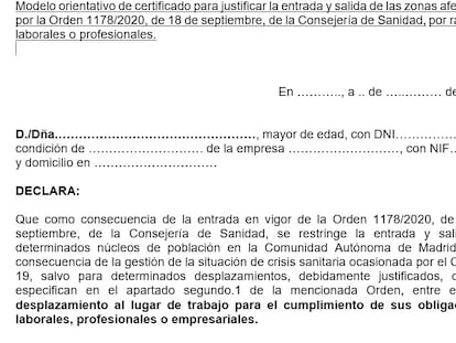 Justificante de movilidad covid para motivos laborales compartido por la Comunidad de Madrid.