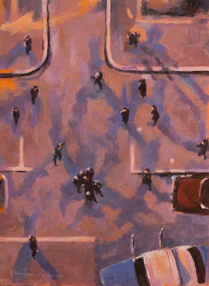 El cuadro de Robert Morgan que representa su vista de la escena del crimen de John Lennon desde la ventana de su casa, con los policías llevando al músico agonizante hacia un coche, una imagen cedida por el artista.