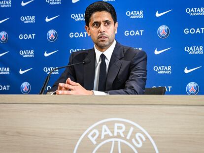 Nasser Al-Khelaifi durante la presentación de Luis Enrique como nuevo entrenador del PSG.