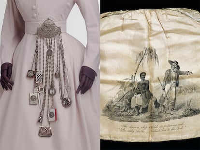 Ni los microbolsos ni los bolsos con mensaje son un invento moderno. En la imagen, a la izda., una chatelaine, un broche decorativo para el cinturón (1863-85); a la dcha., una limosnera confeccionada por la Female Society for Birmingham (1825) contra la practica de la esclavitud.