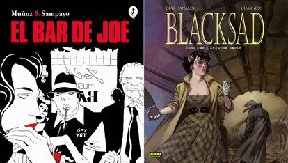 Combo de portadas de dos libros:
A la izquierda EL bar de Joe (Salamandra Graphic). Extraida de la página web de la editorial. A la derecha BLACKSAD 7. TODO CAE. SEGUNDA PARTE, sacada de amazon libros.