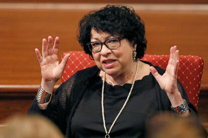 Supreme Court Justice Sonia Sotomayor, gestures as she speaks about her home life as a child and what drove her to a career in law and to author several books including an autobiography, "The Beloved World of Sonia Sotomayor," Aug. 17, 2019, at the Mississippi Book Festival in Jackson, Miss.