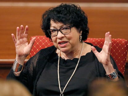 Supreme Court Justice Sonia Sotomayor, gestures as she speaks about her home life as a child and what drove her to a career in law and to author several books including an autobiography, "The Beloved World of Sonia Sotomayor," Aug. 17, 2019, at the Mississippi Book Festival in Jackson, Miss.