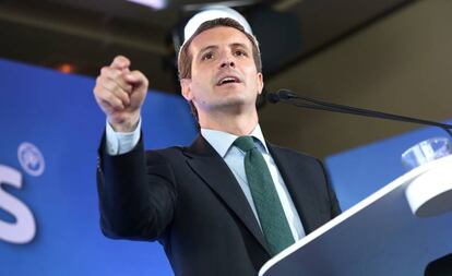 El presidente del PP, Pablo Casado, este miércoles durante la presentación del programa para las elecciones municipales.
 
 