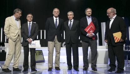 Federico Sosa Wagner (UPyD); Ramon Tremosa (Coalición por Europa), Esteban González Pons (PP); Ramón Jaúregui (PSOE), Willy Meyer (IU) y Josep María Terricabras (ERC), de izquierda a derecha.