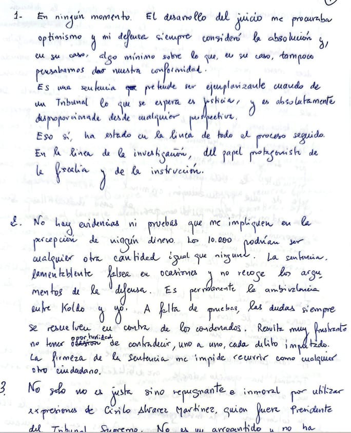 Entrevista manuscrita del exministro José Luis Ábalos desde la prisión de Soto del Real (Madrid)