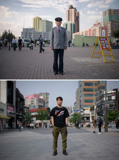 Arriba, el estudiante norcoreano Pak Kum Ryong de 23 años posa en una plaza pública de Pyongyang, el 22 de septiembre de 2017. Abajo, Lim Jun-beom, estudiante surcoreano de 24 años, en la zona de Sinchon, en Seúl, el 5 de mayo de 2018.