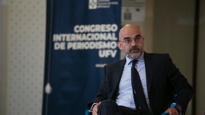 Carlos Núñez, presidente ejecutivo de PRISA Media, durante el I Congreso Internacional de Periodismo en la Universidad Francisco de Vitoria, este jueves en Madrid.