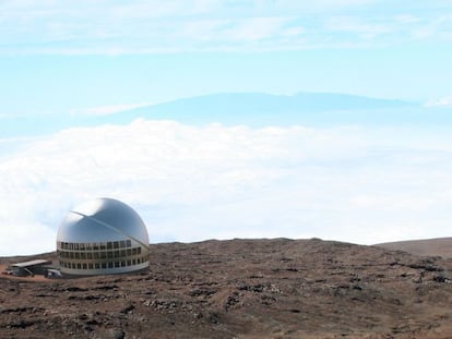 An artist's rendition of what the giant TMT telescope would look like atop the Mauna Kea.