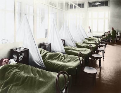 Imagen coloreada de soldados de EE UU en un hospital del norte de Francia en 1918.