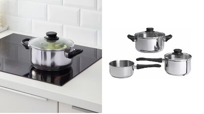 Una completa batería fabricada en vidrio y acero inoxidable. IKEA.