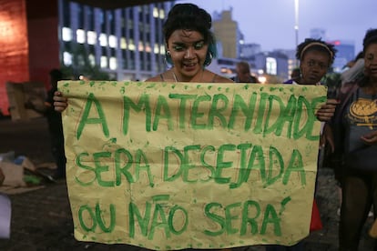 Protesters participate in demonstration as part of the Latin American and Caribbean Day of Struggle for Legalization of Abortion, on September 28, 2018. Sign reads: “Maternity will be desired or not happen at all.”