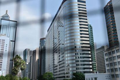 This photo shows the China Evergrande Centre in Hong Kong on September 15, 2021. (Photo by Peter PARKS / AFP)