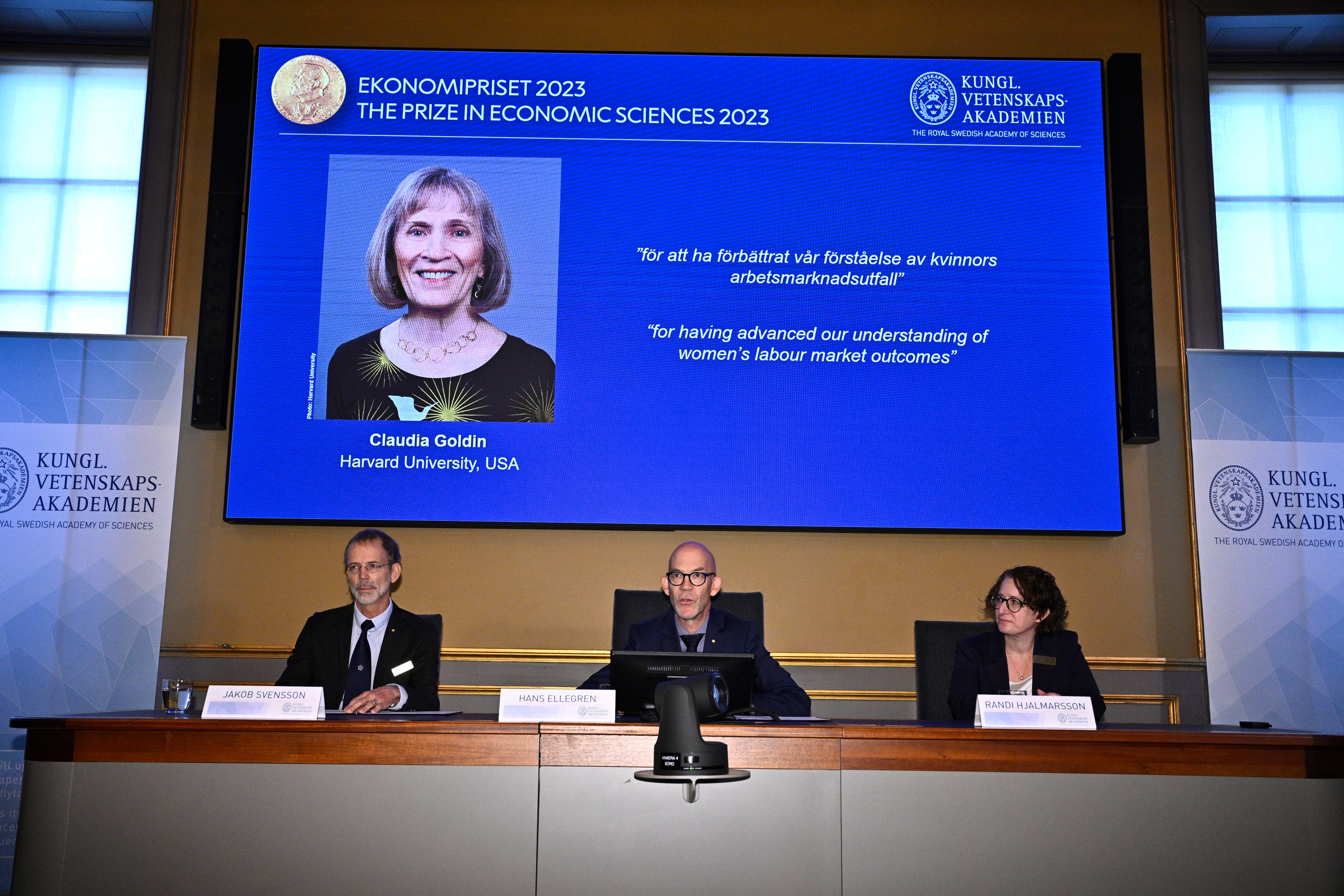 Momento en el que se ha anunciado el premio Nobel de Economía para Claudia Goldin, este lunes en Estocolmo. 