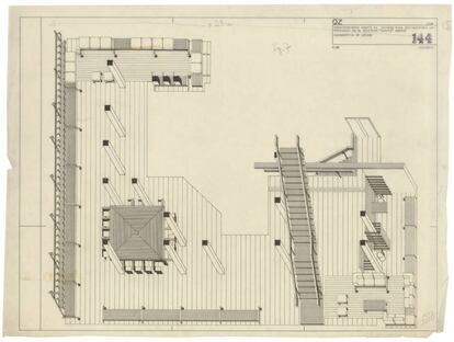 Axonometría del sótano del edificio Huarte de Madrid, intervenido por Oiza para H Muebles (1961). |
