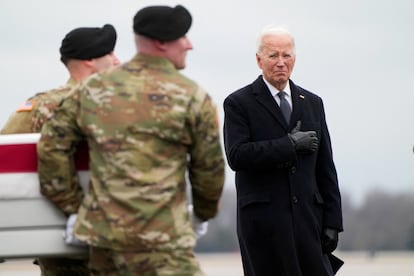 U.S. President Joe Biden stands before the coffin of one of the three soldiers who died in Jordan, at Dover Air Base, Delaware, on February 2, 2024.