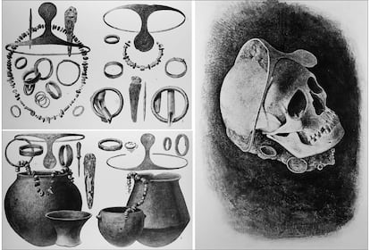 Diademas de plata, recipientes, adornos y calavera encontrados en una tumba de El Argar y dibujados por los hermanos Siret.