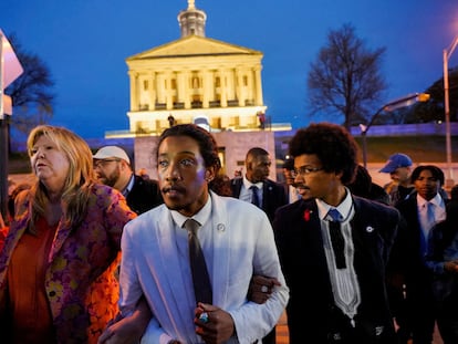 Rep. Justin Pearson, Rep. Justin Jones, and Rep. Gloria Johnson leave the Tennessee State Capitol