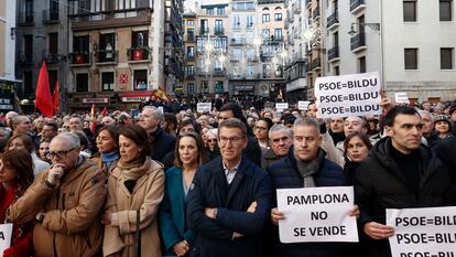 El lder del PP, Alberto N?ez Feijo, y la secretaria general del partido, Cuca Gamarra, asisten a la concentracin celebrada este domingo en Pamplona contra la mocin de censura acordada entre el PSOE y EH Bildu.