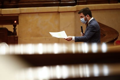 El presidente de la Generalitat en funciones, Pere Aragonès, en el Parlament.