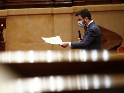 El presidente de la Generalitat en funciones, Pere Aragonès, en el Parlament.