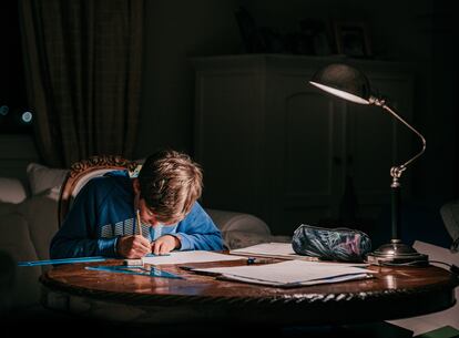 Un chaval estudia en su casa.
