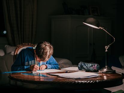 Un chaval estudia en su casa.