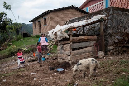 Unos niños ayudan a su madre cerca de su casa en Juvinani. Benito Mendoza, integrante de la organización ‘Yo quiero, Yo puedo’, impartía talleres de sensibilización en mixteco hasta que se quedó sin fondos en febrero pasado. Los padres “cobran porque creen que deben recuperar lo gastado en las mujeres durante su crianza”, explica.