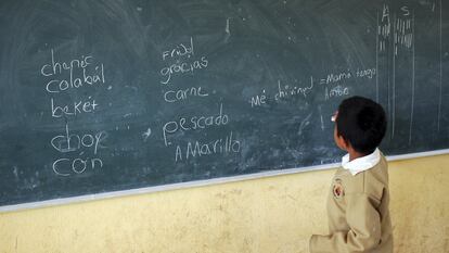 Un niño escribe en tzotzil en su escuela primaria en San Cristóbal de las Casas (Estado de Chiapas), en 2014.