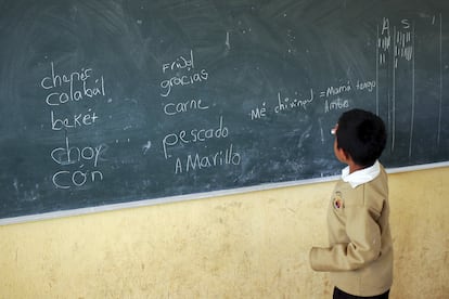 Un niño escribe en tzotzil en su escuela primaria en San Cristóbal de las Casas (Estado de Chiapas), en 2014.