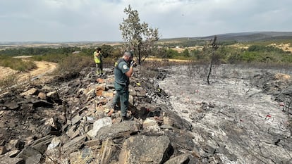 Un guardia civil fotografiaba el jueves la zona donde supuestamente se originó el incendio forestal de Puercas (Zamora).