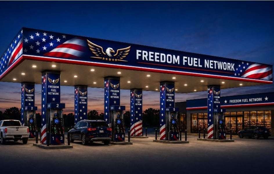 Imagen recreada de las gasolineras Freedom Fuel, publicada por Trump en su cuenta de Truth.