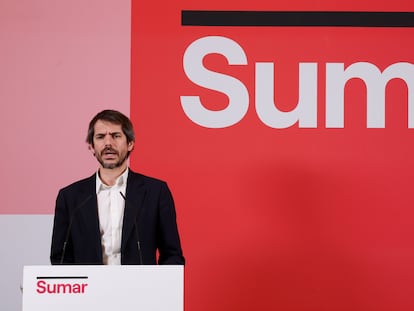 El portavoz de Sumar, Ernest Urtasun, este lunes en rueda de prensa en Madrid.