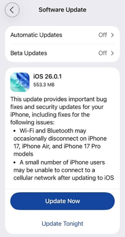 Llegada de la actualización iOS 26.0.1
