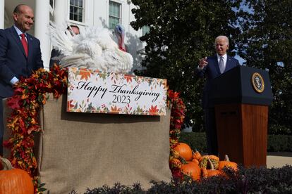 U.S. President Joe Biden pardons the National Thanksgiving Turkey, Liberty, on the South Lawn at the White House in Washington, November 20, 2023.