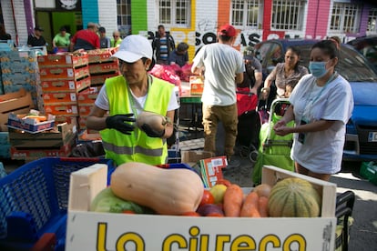 Reparto de alimentos a personas necesitadas en Madrid por parte de la asociación Red de Apoyo Mutuo Aluche.