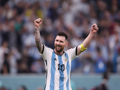 13 December 2022, Qatar, Lusail: Argentina's Lionel Messi celebrates scoring his side's first goal during the FIFA World Cup Qatar 2022 semi final soccer match between Argentina and Croatia at the Lusail Stadium. Photo: Igor Kralj/PIXSELL/dpa
13/12/2022 ONLY FOR USE IN SPAIN