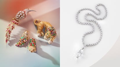 A la izquierda, varias piezas de la firma Boivin y Van Cleef & Arpels, y a la derecha, el Briolette de India, un collar de diamantes de 90 quilates realizado por la firma de joyería Harry Winston. 