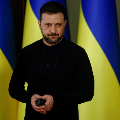 Ukrainian President Volodymyr Zelenskiy looks on during a briefing with visiting U.S. Secretary of the Treasury Scott Bessent (not pictured), in Kyiv, Ukraine, February 12, 2025. REUTERS/Valentyn Ogirenko