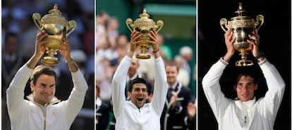 Roger Federer, Rafael Nadal y Novak Djokovic con los trofeos de Wimbledon