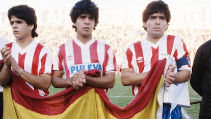 Los hermanos Maradona, Hugo, Lalo y Diego, en el duelo del Granada ante el Malmoe de 1987.