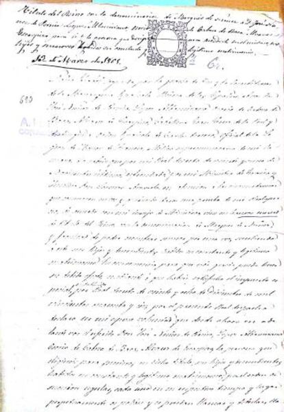 Primera página del título constitutivo del Marquesado de Núñez, de 1865. Copia que se conserva en el Archivo Histórico Nacional.