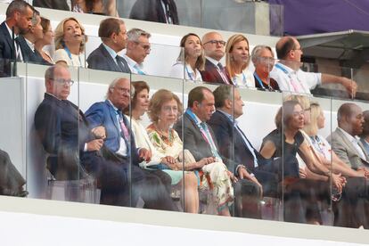 Albert II, Prince of Monaco, Queen Silvia of Sweden, King Carl XVI Gustaf of Sweden and Queen Sofia of Spain attend the Closing Ceremony of the Paris 2024 Olympic Games.