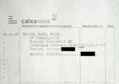 Hoja de una cartilla facilitada por Caixanova a un comprador de participaciones preferentes en Moa&ntilde;a.