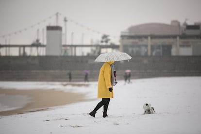 Una mujer pasea con su perro por la playa de Nova Icaria durante la nevada, en Barcelona (España). 
